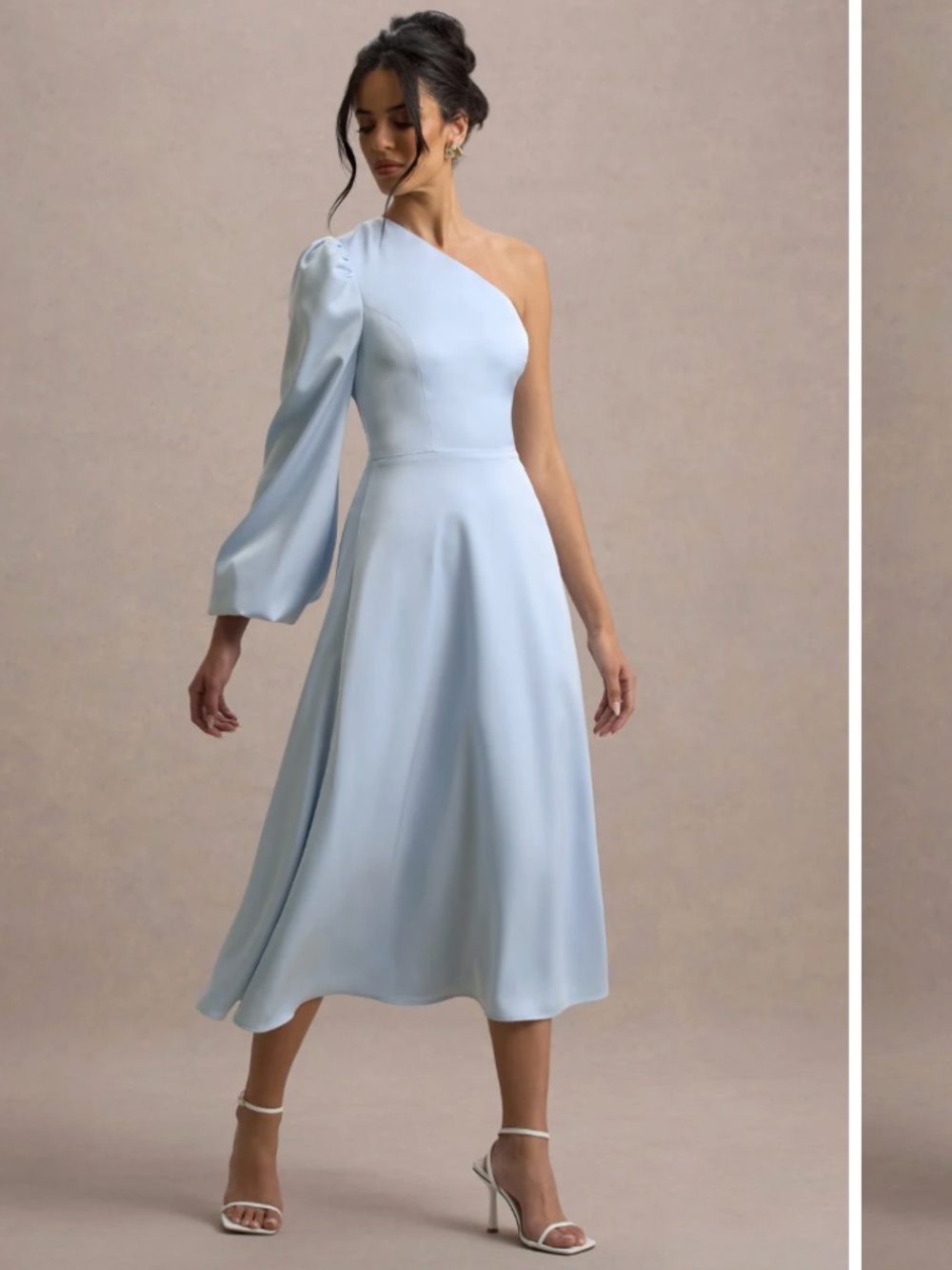 Powder Blue Satin One-Shoulder Midi Dress